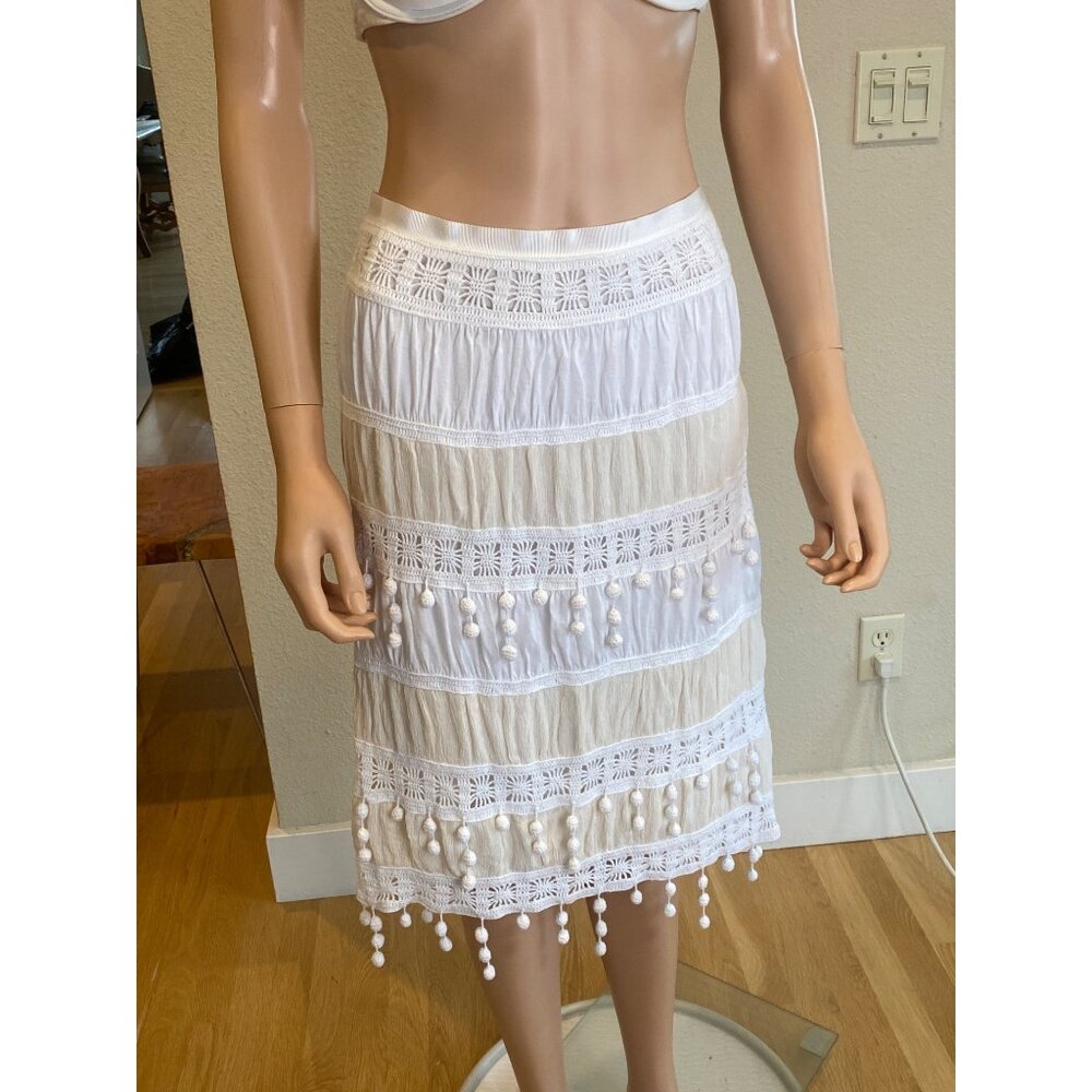 Trina Turk Skirt w/ Pom Poms Women's 12 Ivory Beige Cotton Silk Lined - Picture 15 of 15